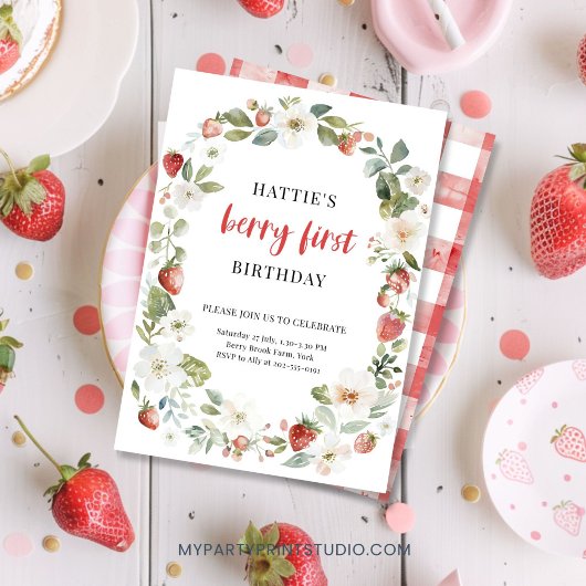 Bewerkbare Strawberry 1e verjaardagsfeest uitnodig Kaart