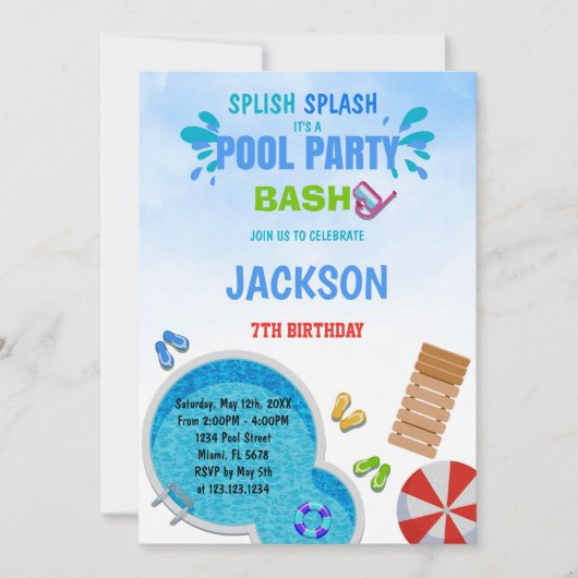 Bewerkbare Summer Swim Bash-uitnodiging voor kinde Kaart (Voorkant)