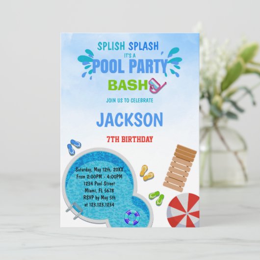 Bewerkbare Summer Swim Bash-uitnodiging voor kinde Kaart (Staand voorkant)