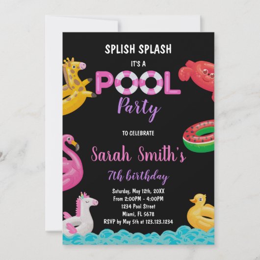 Bewerkbare Summer Swim Party Uitnodigen Kaart (Voorkant)