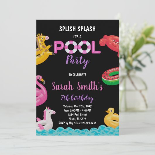 Bewerkbare Summer Swim Party Uitnodigen Kaart (Staand voorkant)