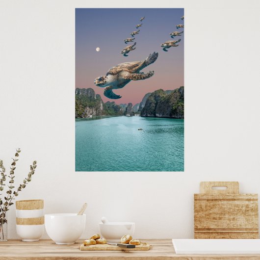 Bewerkbare Surreal Flock of Turtles Art Poster (Keuken)