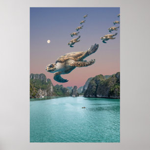 Bewerkbare Surreal Flock of Turtles Art Poster
