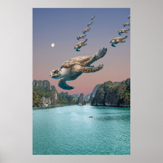 Bewerkbare Surreal Flock of Turtles Art Poster