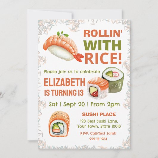 Bewerkbare Sushi uitnodiging voor verjaardagsfeest (Voorkant)