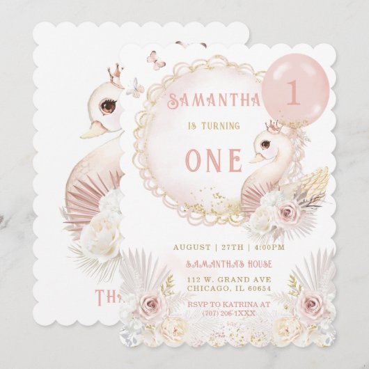 BEWERKBARE Swan Eerste Verjaardag Sjabloon Kaart (Voorkant / Achterkant)