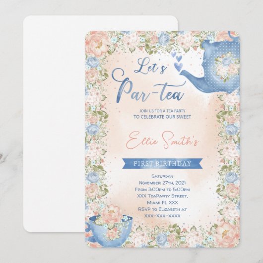 Bewerkbare Tea Party uitnodiging (Voorkant / Achterkant)