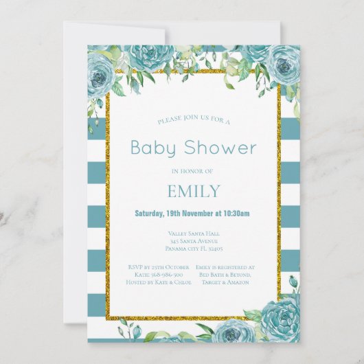 Bewerkbare Teal Bloemen Uitnodiging, Bruid, Baby  Kaart (Voorkant)