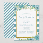 Bewerkbare Teal Bloemen Uitnodiging, Bruid, Baby Kaart (Voorkant / Achterkant)