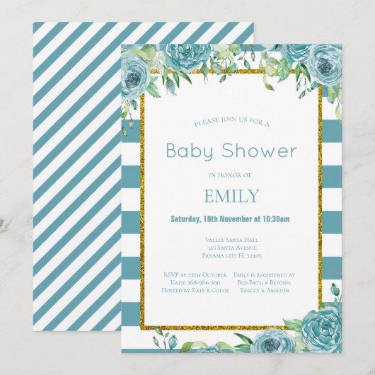 Bewerkbare Teal Bloemen Uitnodiging, Bruid, Baby  Kaart (Voorkant / Achterkant)