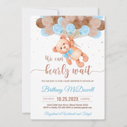 Bewerkbare Teddy Bear Baby shower Invitation Blue Kaart (Voorkant)
