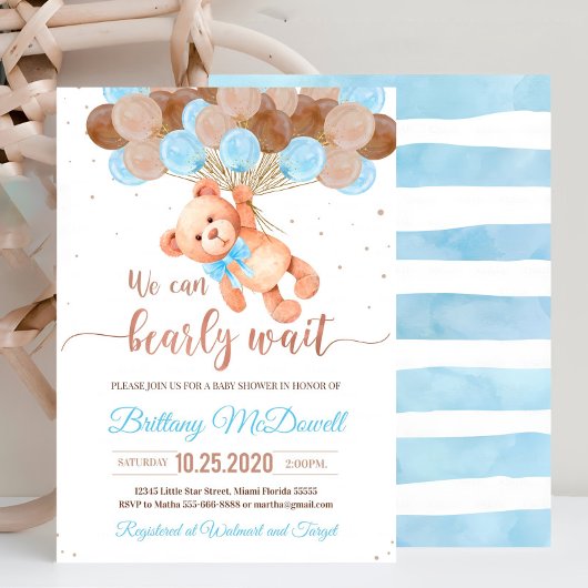 Bewerkbare Teddy Bear Baby shower Invitation Blue Kaart