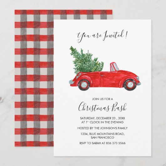 Bewerkbare tekst Red Car Script Christmas Party Kaart (Voorkant / Achterkant)