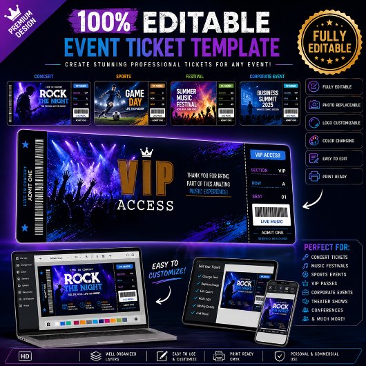 Bewerkbare Ticketuitnodiging |Concert, Evenement &