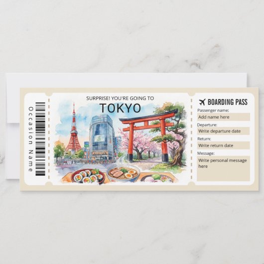 Bewerkbare Tokio Reis Instapkaart Ticket Kaart (Voorkant)