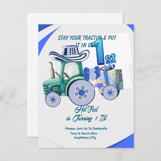 Bewerkbare Tractor Verjaardag uitnodiging, Groene  Kaart (Voorkant / Achterkant)