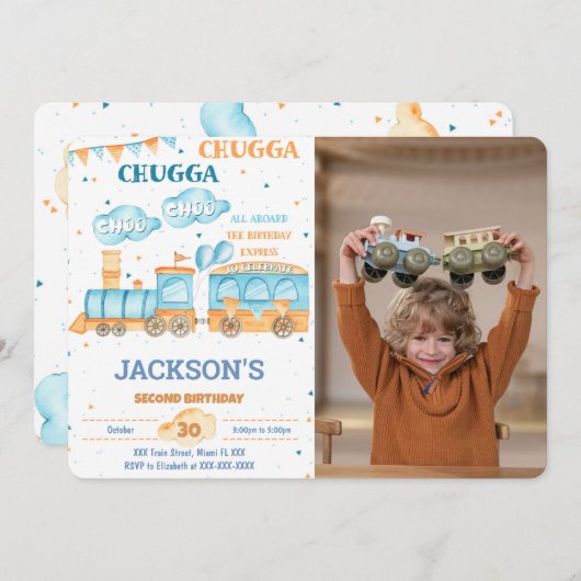 Bewerkbare trein verjaardag foto uitnodigingen (Voorkant / Achterkant)