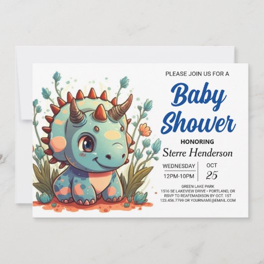 Bewerkbare Triceratops Dinosaur Boy Baby shower Kaart (Voorkant)