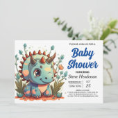 Bewerkbare Triceratops Dinosaur Boy Baby shower Kaart (Staand voorkant)