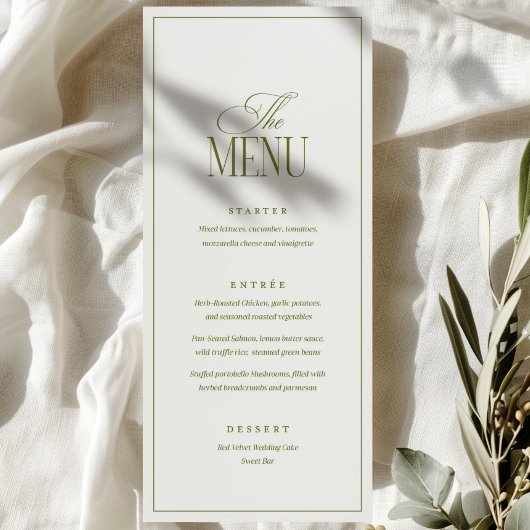 Bewerkbare Trouwmenu Sjabloon, Olijfgroen Modern Menu