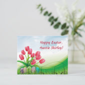 Bewerkbare tulpen en paaseieren op gras Pasen Briefkaart (Staand voorkant)