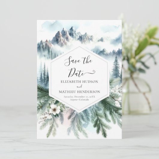 Bewerkbare Typografie Mountain Wedding Save The Date (Staand voorkant)