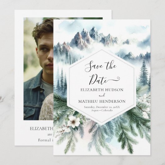 Bewerkbare Typografie Mountain Wedding Save The Date (Voorkant / Achterkant)