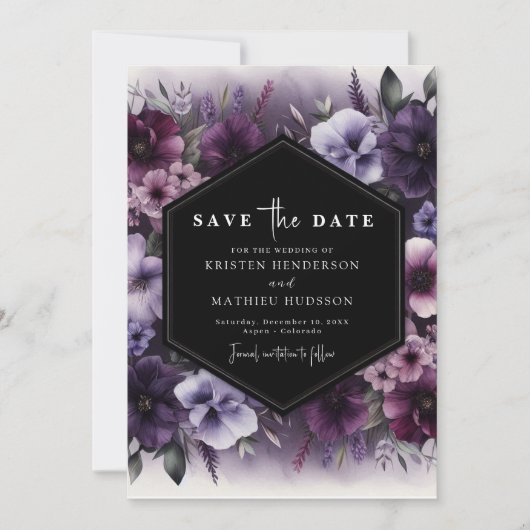 Bewerkbare Typografie Paarse Bloemen Wedding Save The Date (Voorkant)