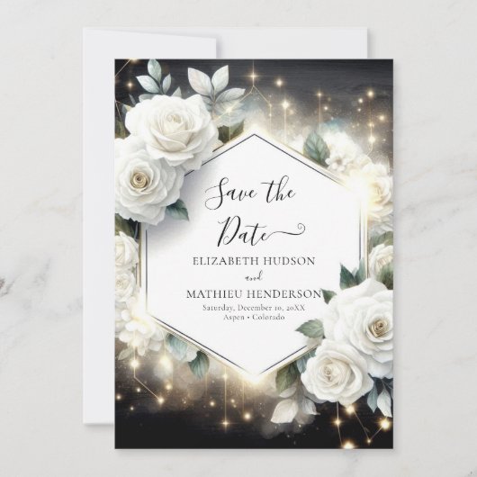 Bewerkbare Typografie White Roses Wedding Save The Date (Voorkant)