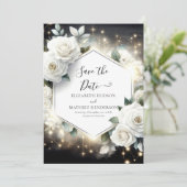 Bewerkbare Typografie White Roses Wedding Save The Date (Staand voorkant)