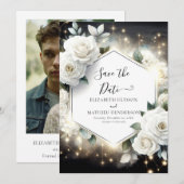 Bewerkbare Typografie White Roses Wedding Save The Date (Voorkant / Achterkant)