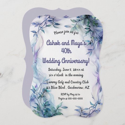 Bewerkbare Uitnodiging met Blauwe Bladeren en Paar (Voorkant / Achterkant)