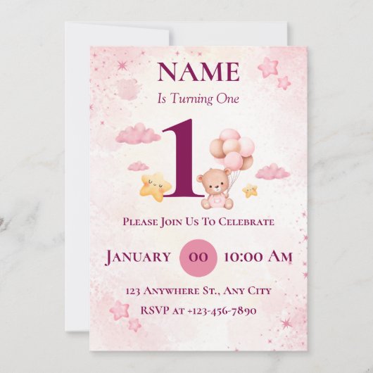 Bewerkbare uitnodiging voor eerste verjaardagsfees (Voorkant)