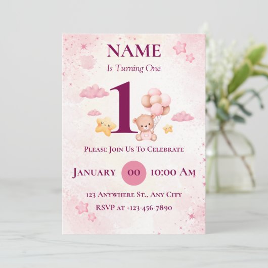 Bewerkbare uitnodiging voor eerste verjaardagsfees (Staand voorkant)