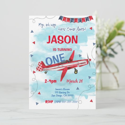 Bewerkbare uitnodiging voor het vliegtuig (Staand voorkant)