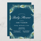 Bewerkbare uitnodiging voor pauw thema baby shower (Voorkant / Achterkant)