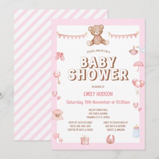 Bewerkbare uitnodiging voor roze teddybeer (Voorkant / Achterkant)