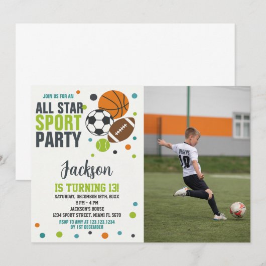 Bewerkbare uitnodiging voor sportverjaardag (Voorkant / Achterkant)