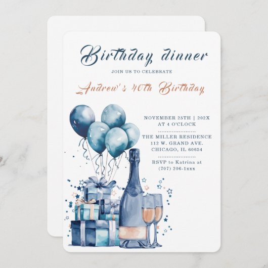 Bewerkbare uitnodiging voor verjaardagsdiner (Voorkant / Achterkant)