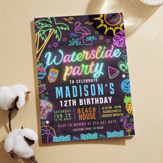 Bewerkbare uitnodiging voor Waterslide Glow Party