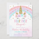 Bewerkbare Unicorn 4e verjaardag uitnodiging Vier  (Voorkant)