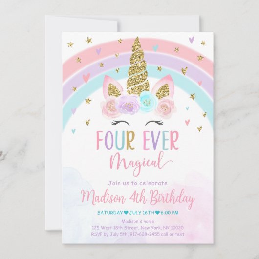 Bewerkbare Unicorn 4e verjaardag uitnodiging Vier  (Voorkant)