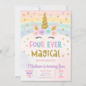 Bewerkbare Unicorn 4e verjaardag uitnodiging Vier (Voorkant)