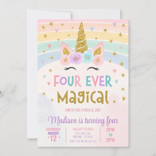 Bewerkbare Unicorn 4e verjaardag uitnodiging Vier (Voorkant)