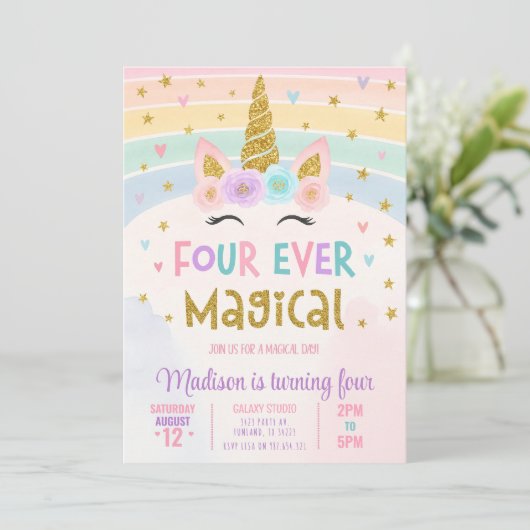 Bewerkbare Unicorn 4e verjaardag uitnodiging Vier (Staand voorkant)