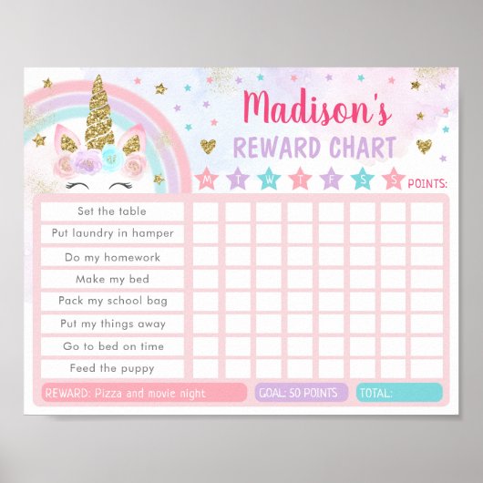Bewerkbare Unicorn Rainbow Reward Chore Poster (Voorkant)