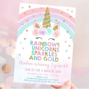 Bewerkbare Unicorn Rainbow Verjaardag Uitnodiging