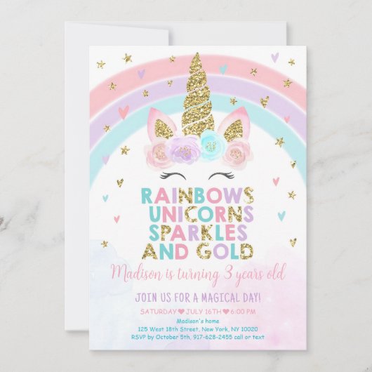 Bewerkbare Unicorn Rainbow Verjaardag Uitnodiging  (Voorkant)