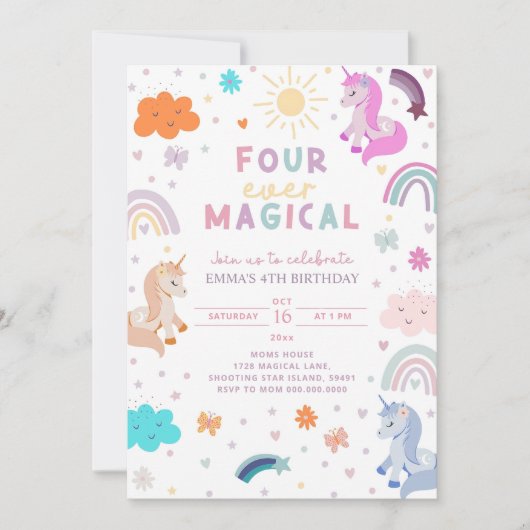 Bewerkbare Unicorn Verjaardag Uitnodiging 4e verja (Voorkant)