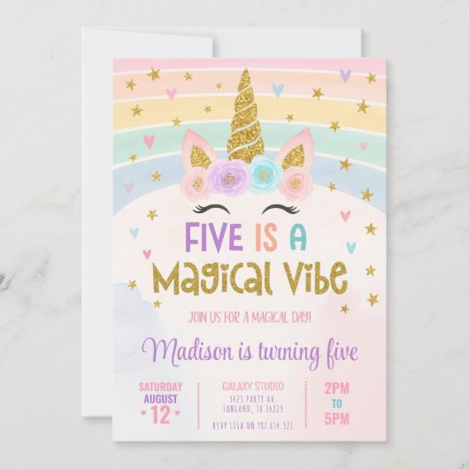 Bewerkbare Unicorn Verjaardag Uitnodiging 5e Vijf  (Voorkant)